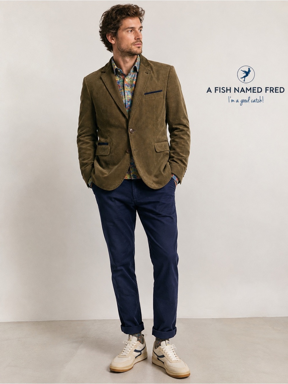 A Fish Named Fred Corduroy Sport Coat Blazer EU 52 US 40 Olive Artistic Lining